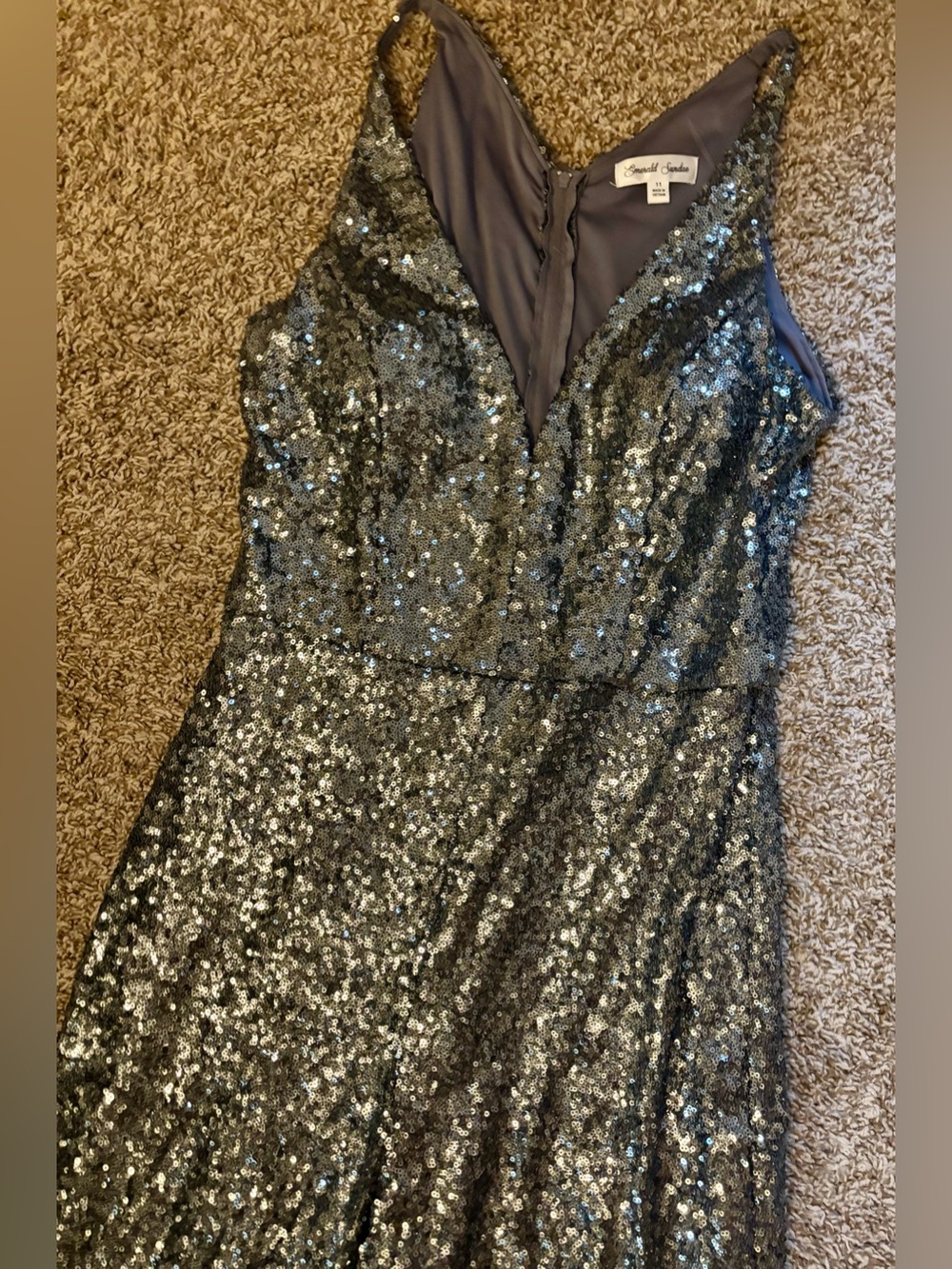 Emerald Sundae Gunmetal Sequin V-Neck Prom Dress
